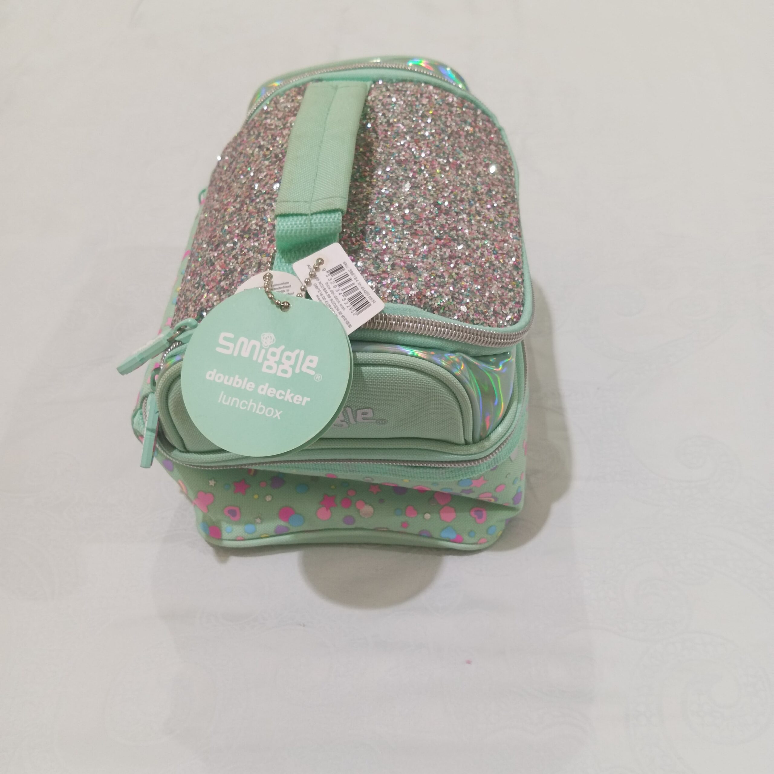 Tas Makan Siang Anak "Smiggle Bright Eyes Double Decker Lunchbox" Warna Mint Motif Glitter - Gambar 4